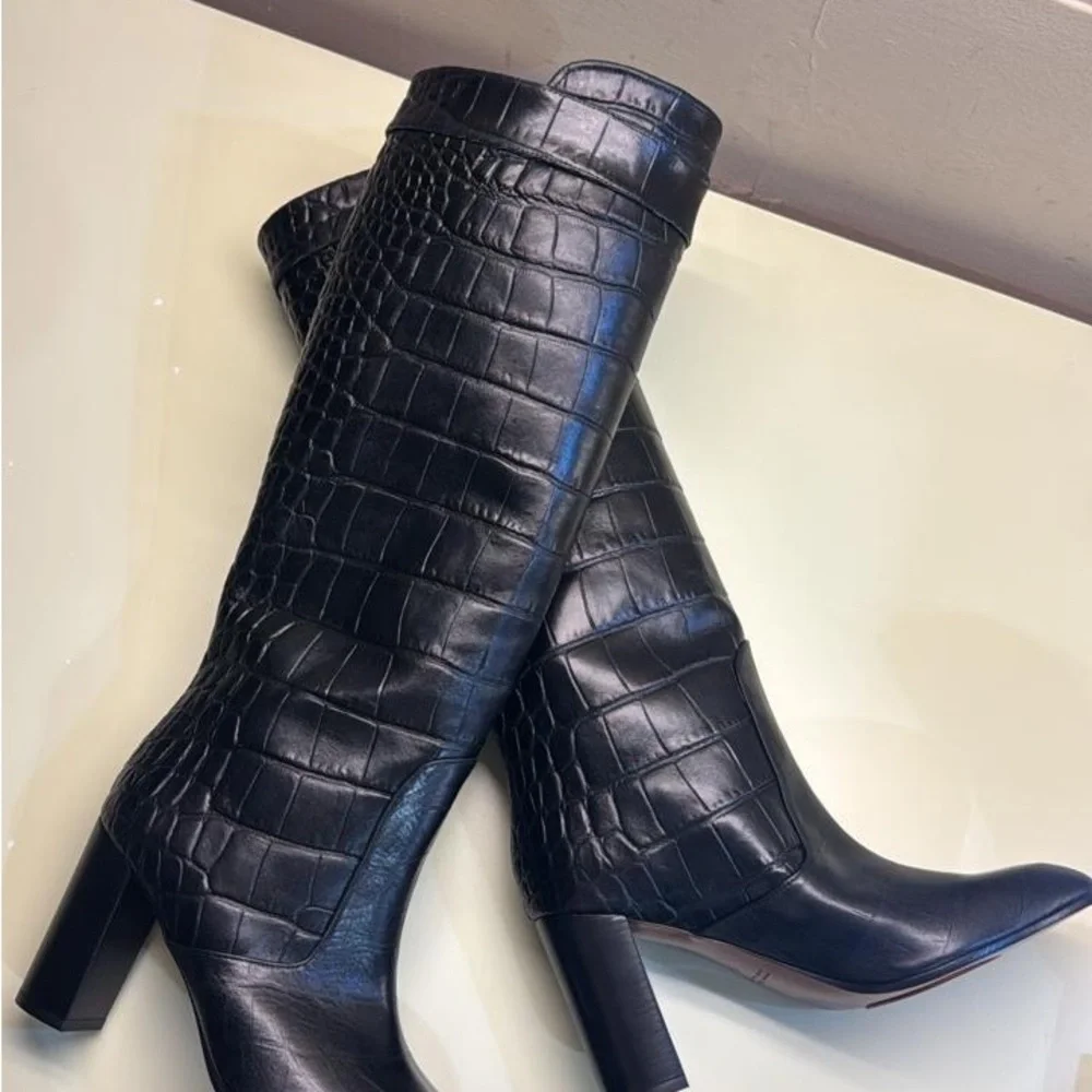 Chie Mihara leather Black Croc-Embossed Knee high Block Heel Boots